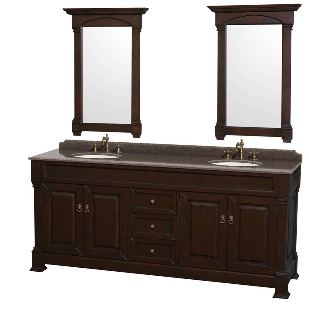 Wyndham Collection Andover 80 Inch Double Bathroom Vanity in Dark Cherry, Imperial Brown Granite Countertop, Undermount Oval Sinks, and 28 Inch Mirrors