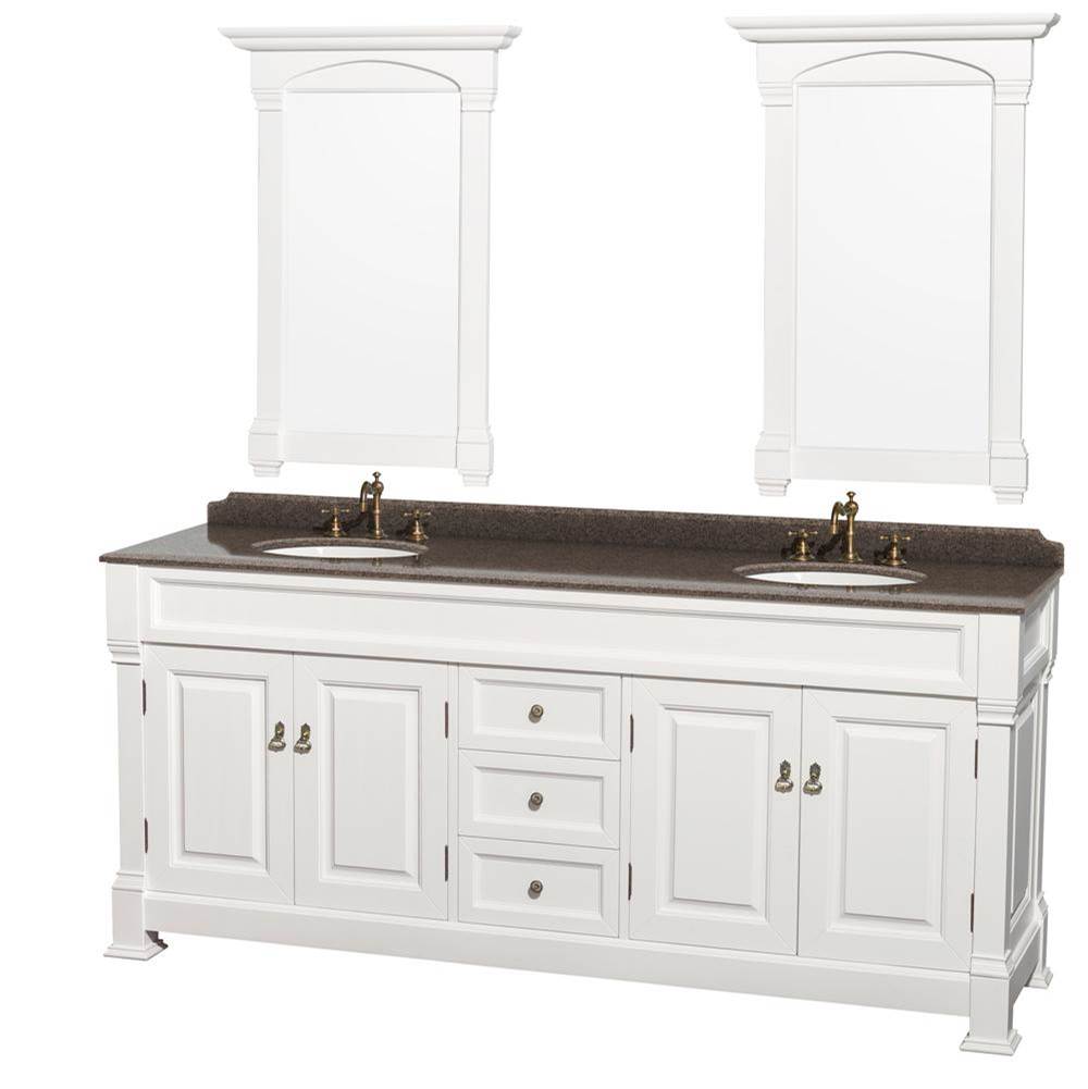 Wyndham Collection Andover 80 Inch Double Bathroom Vanity in White, Imperial Brown Granite Countertop, Undermount Oval Sinks, and 28 Inch Mirrors