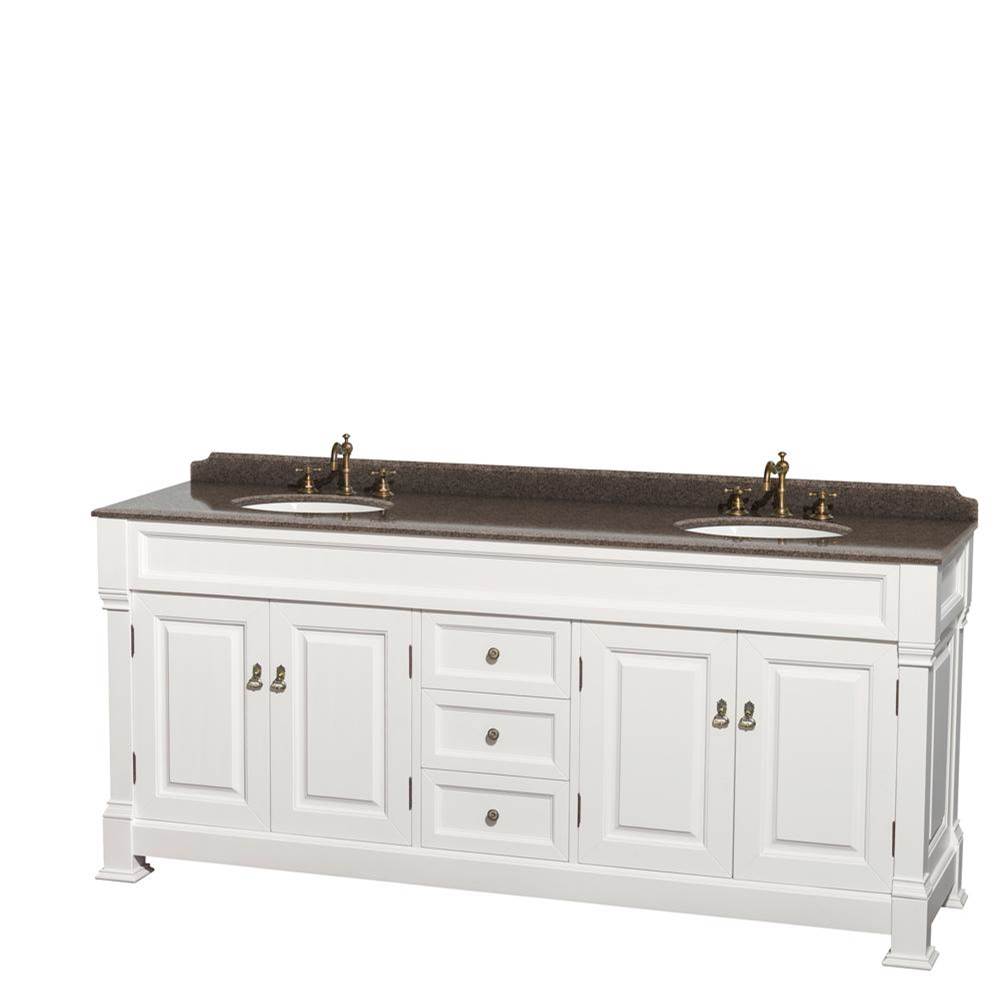 Wyndham Collection Andover 80 Inch Double Bathroom Vanity in White, Imperial Brown Granite Countertop, Undermount Oval Sinks, and No Mirror