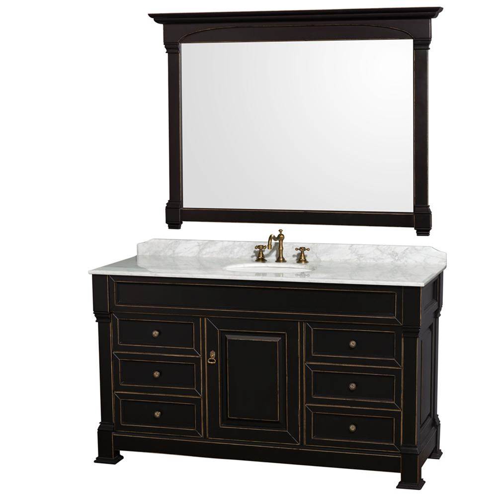 Wyndham Collection Andover 60 Inch Single Bathroom Vanity in Black with White Carrara Marble Countertop, Undermount Oval Sink, and 56 Inch Mirror
