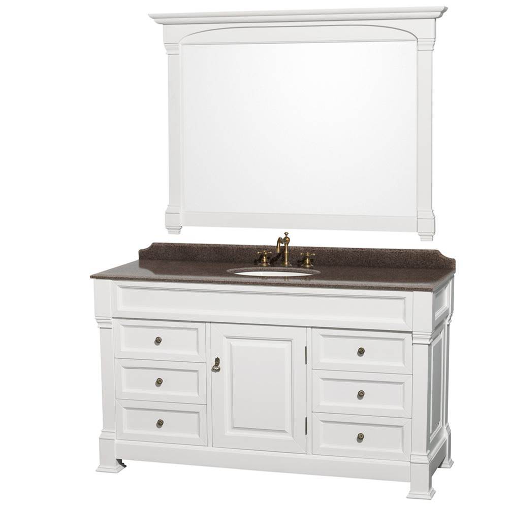 Wyndham Collection Andover 60 Inch Single Bathroom Vanity in White, Imperial Brown Granite Countertop, Undermount Oval Sink, and 56 Inch Mirror